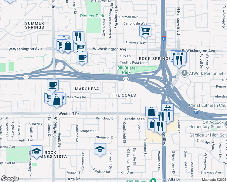 map of restaurants, bars, coffee shops, grocery stores, and more near 7100 West Pirates Cove Road in Las Vegas