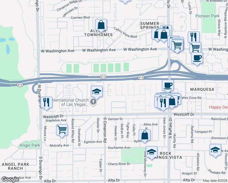 map of restaurants, bars, coffee shops, grocery stores, and more near 239 North Cimarron Road in Las Vegas