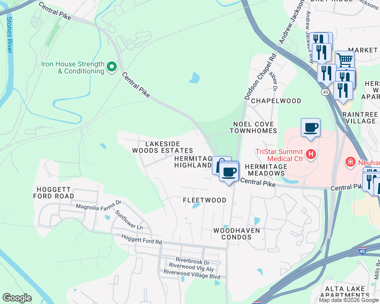 map of restaurants, bars, coffee shops, grocery stores, and more near 3754 Central Pike in Nashville