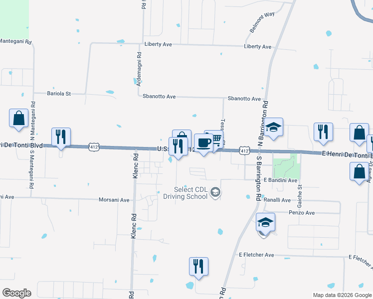 map of restaurants, bars, coffee shops, grocery stores, and more near U.S. Highway 412 in Springdale