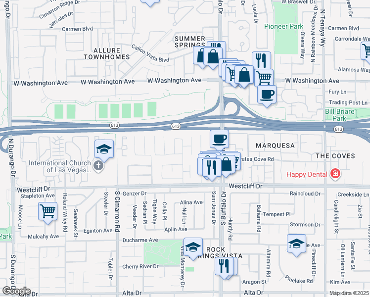 map of restaurants, bars, coffee shops, grocery stores, and more near 313 Firestone Drive in Las Vegas