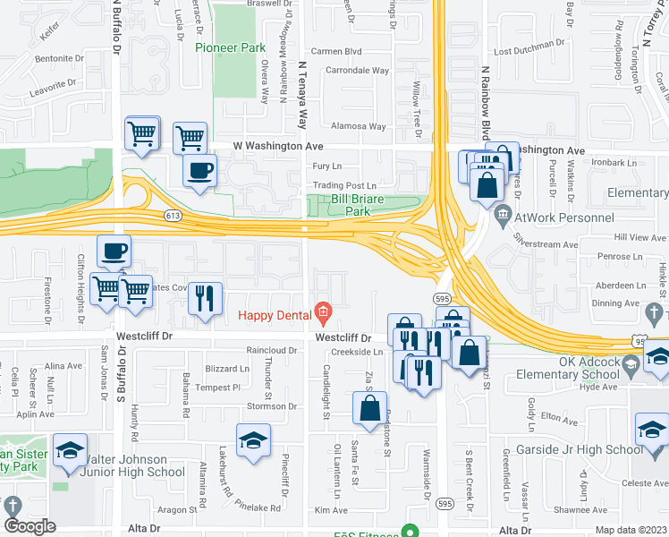map of restaurants, bars, coffee shops, grocery stores, and more near 7032 Picaroon Lane in Las Vegas