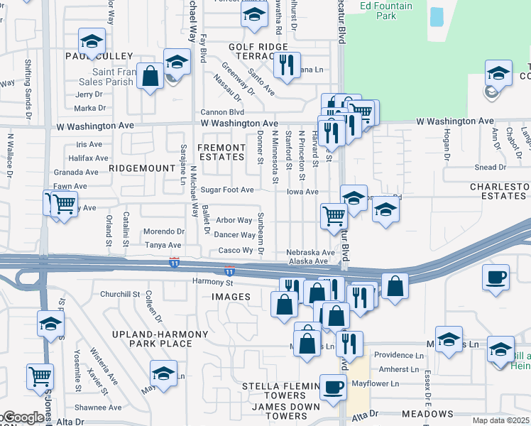 map of restaurants, bars, coffee shops, grocery stores, and more near 316 Sunbeam Drive in Las Vegas