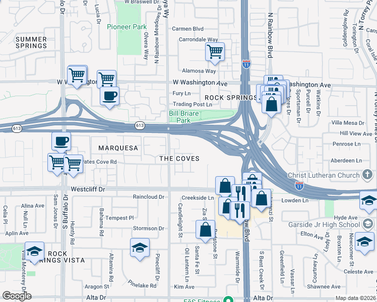 map of restaurants, bars, coffee shops, grocery stores, and more near 7032 Picaroon Lane in Las Vegas