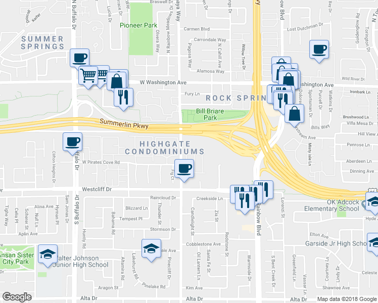 map of restaurants, bars, coffee shops, grocery stores, and more near 7064 Picaroon Lane in Las Vegas