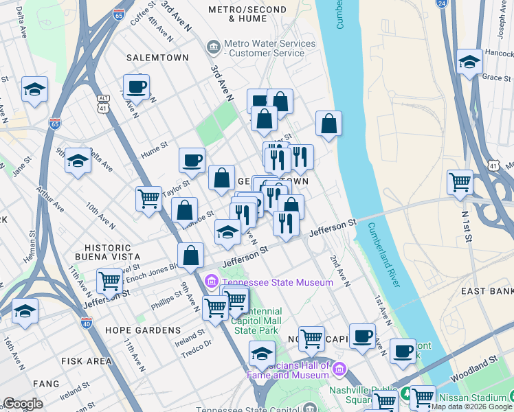 map of restaurants, bars, coffee shops, grocery stores, and more near 1220 4th Avenue North in Nashville