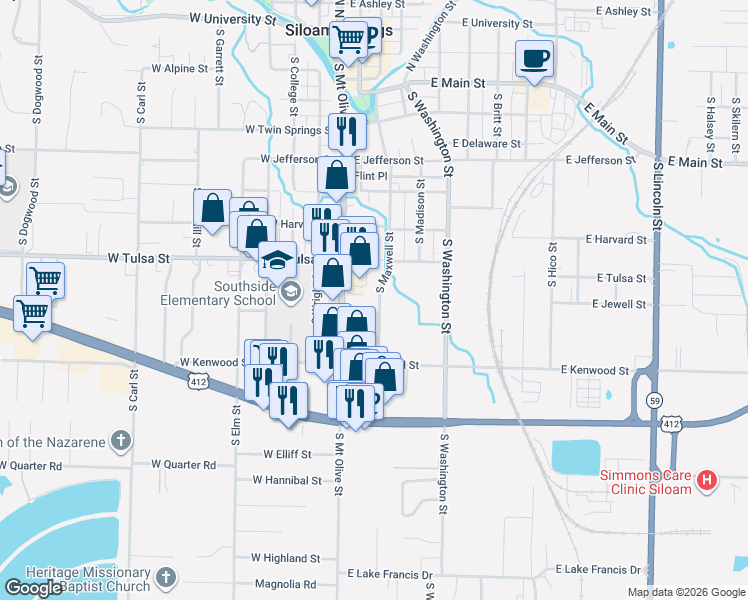 map of restaurants, bars, coffee shops, grocery stores, and more near 821 South Mount Olive Street in Siloam Springs