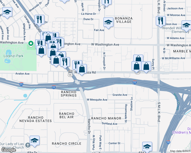 map of restaurants, bars, coffee shops, grocery stores, and more near 2135 West Bonanza Road in Las Vegas