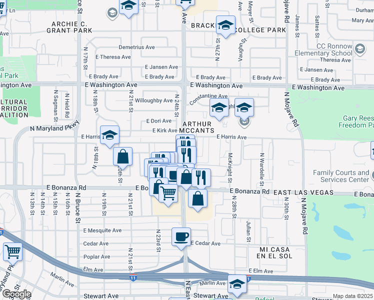 map of restaurants, bars, coffee shops, grocery stores, and more near 730 North Eastern Avenue in Las Vegas