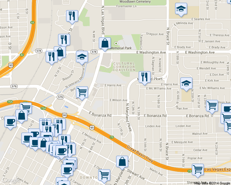 map of restaurants, bars, coffee shops, grocery stores, and more near 728 North 10th Street in Las Vegas