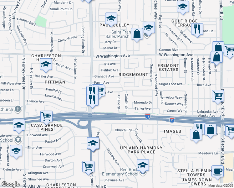 map of restaurants, bars, coffee shops, grocery stores, and more near 5812 Bromley Avenue in Las Vegas