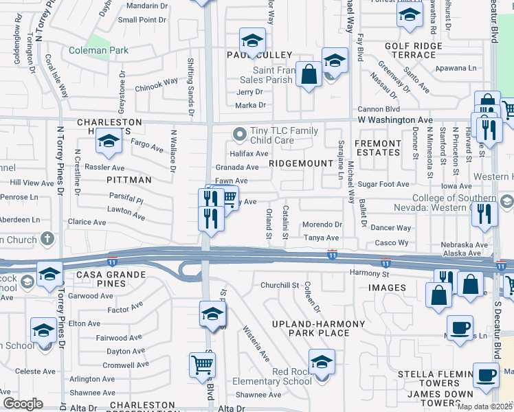 map of restaurants, bars, coffee shops, grocery stores, and more near 5803 Bromley Avenue in Las Vegas