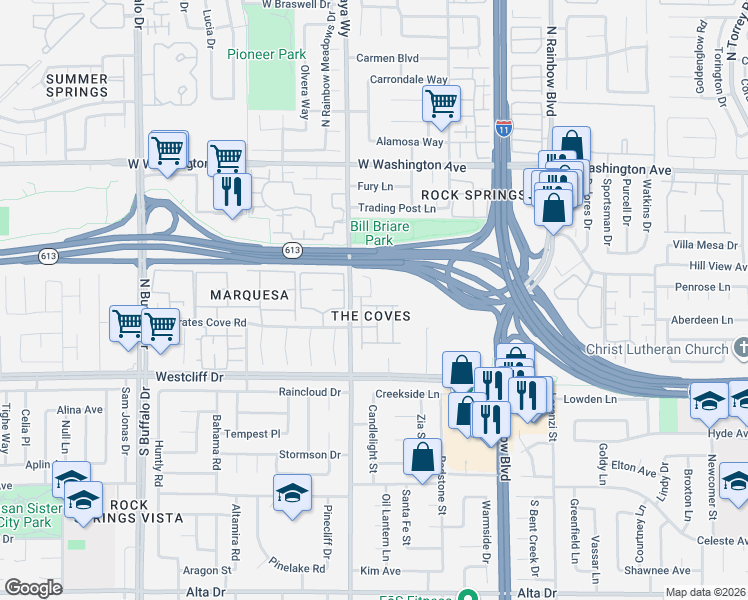 map of restaurants, bars, coffee shops, grocery stores, and more near 7032 Picaroon Lane in Las Vegas