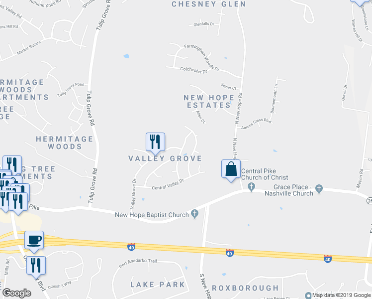 map of restaurants, bars, coffee shops, grocery stores, and more near 4341 Valley Grove Drive in Nashville