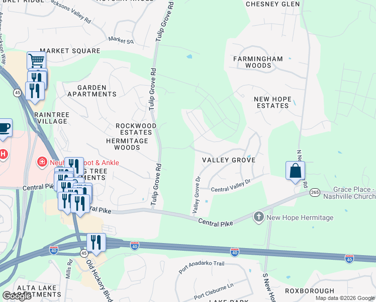 map of restaurants, bars, coffee shops, grocery stores, and more near 4135 Woodway Lane in Nashville