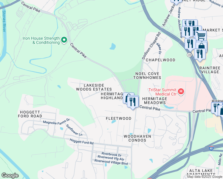 map of restaurants, bars, coffee shops, grocery stores, and more near 3754 Central Pike in Nashville