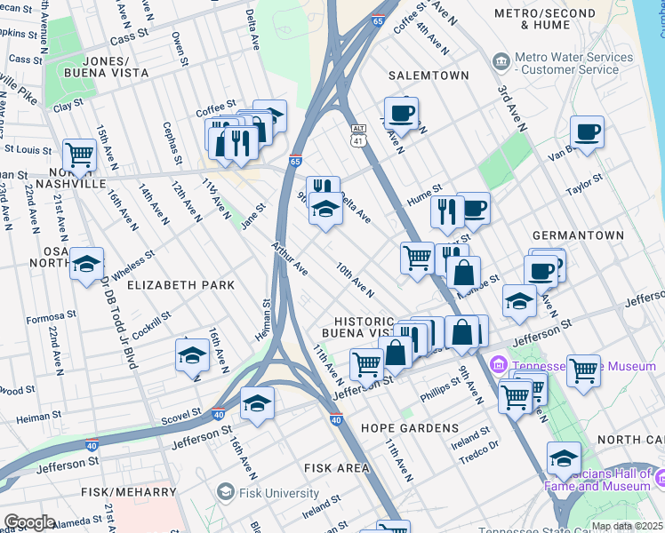 map of restaurants, bars, coffee shops, grocery stores, and more near 1521 10th Avenue North in Nashville
