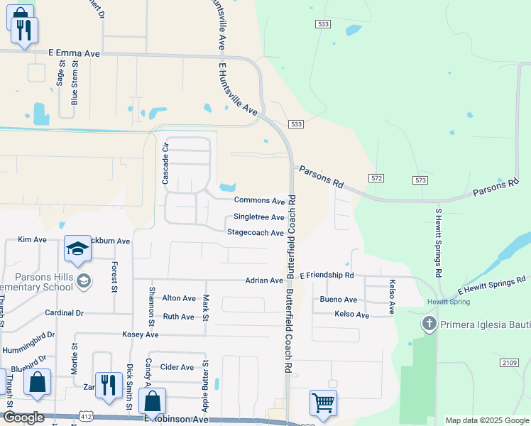 map of restaurants, bars, coffee shops, grocery stores, and more near 3217 Commons Avenue in Springdale