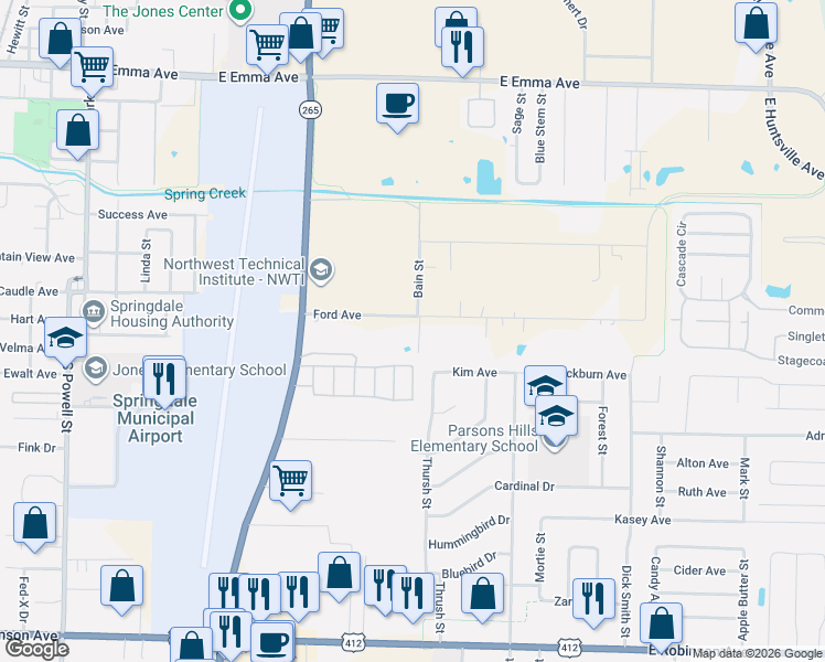 map of restaurants, bars, coffee shops, grocery stores, and more near 1711 Ford Avenue in Springdale
