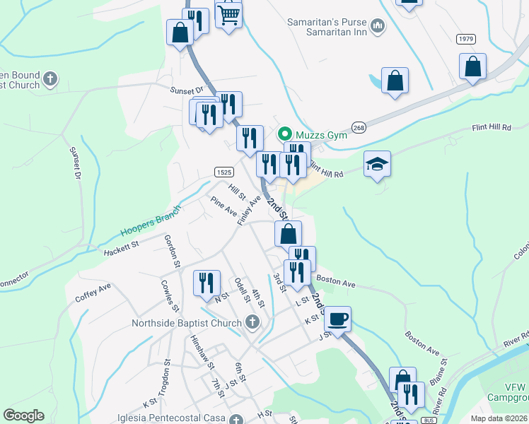 map of restaurants, bars, coffee shops, grocery stores, and more near 209 Finley Avenue in North Wilkesboro