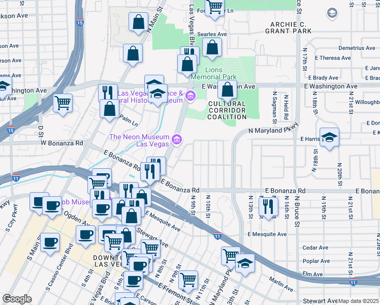 map of restaurants, bars, coffee shops, grocery stores, and more near 721 North 9th Street in Las Vegas