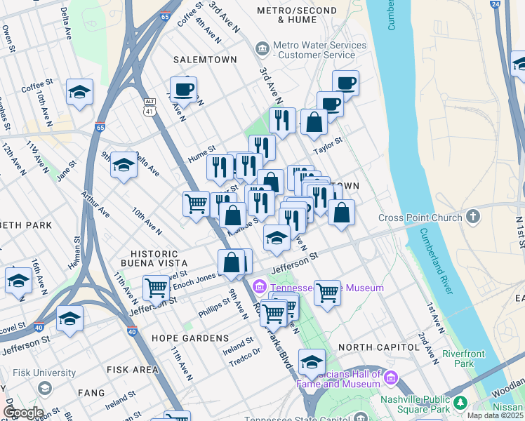 map of restaurants, bars, coffee shops, grocery stores, and more near 506 Monroe Street in Nashville
