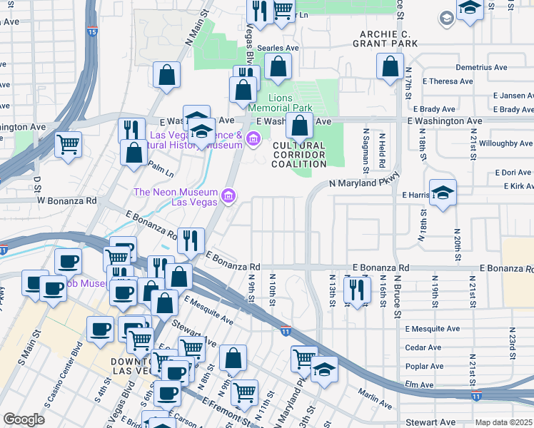 map of restaurants, bars, coffee shops, grocery stores, and more near 727 North 10th Street in Las Vegas