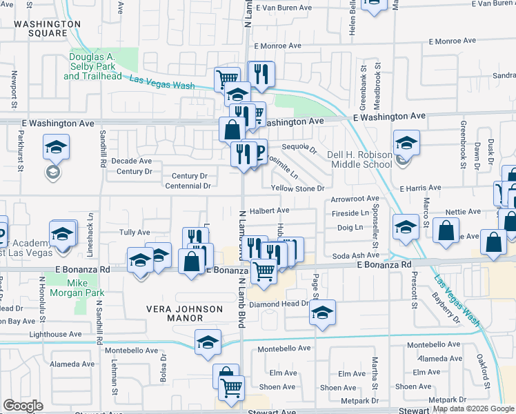 map of restaurants, bars, coffee shops, grocery stores, and more near 4432 Halbert Avenue in Las Vegas