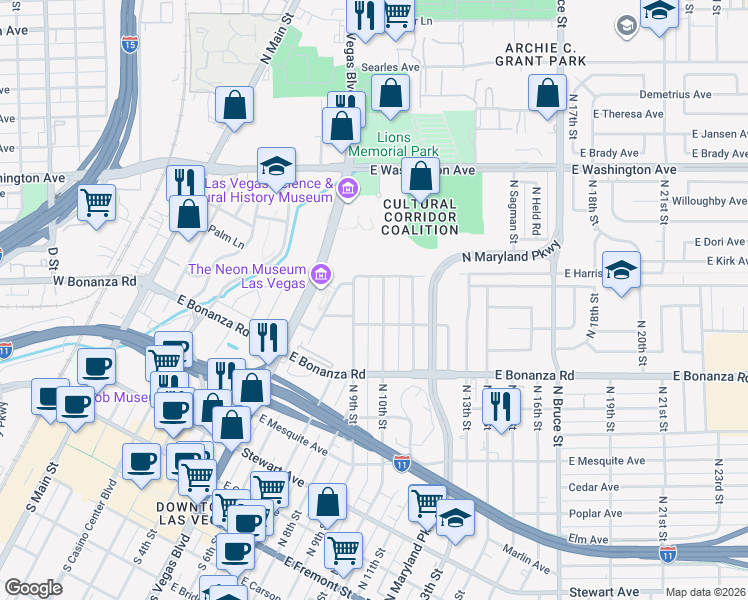 map of restaurants, bars, coffee shops, grocery stores, and more near 727 North 10th Street in Las Vegas