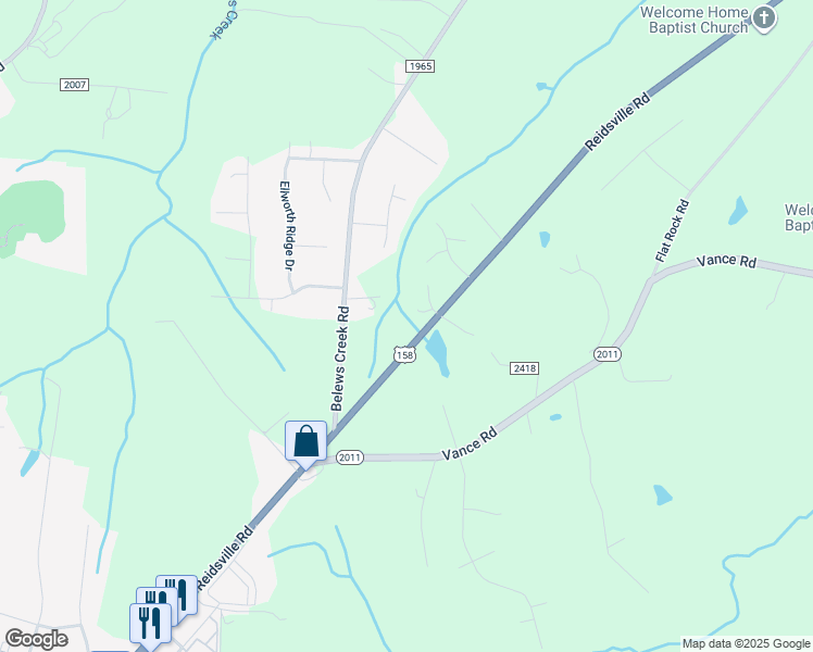 map of restaurants, bars, coffee shops, grocery stores, and more near 5397 Reidsville Road in Belews Creek