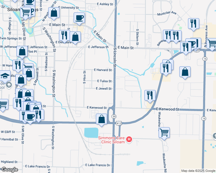 map of restaurants, bars, coffee shops, grocery stores, and more near 830 West Tulsa Street in Siloam Springs