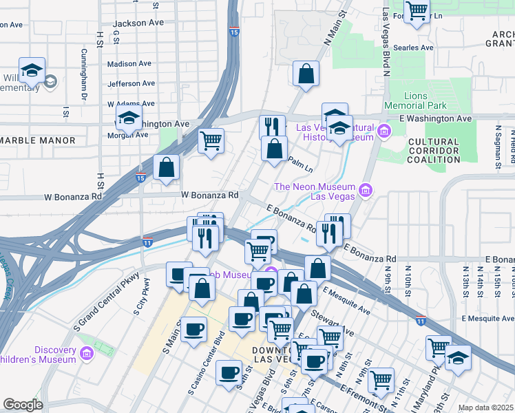 map of restaurants, bars, coffee shops, grocery stores, and more near 10 East Bonanza Road in Las Vegas
