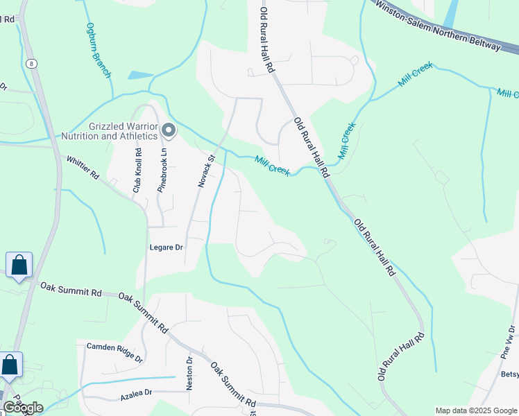 map of restaurants, bars, coffee shops, grocery stores, and more near 165 Salem Trail Court in Winston-Salem