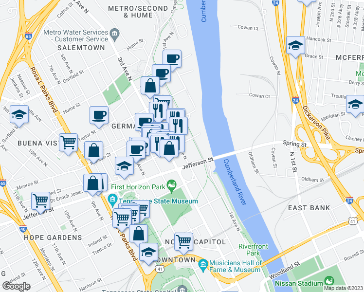 map of restaurants, bars, coffee shops, grocery stores, and more near 1138 2nd Avenue North in Nashville