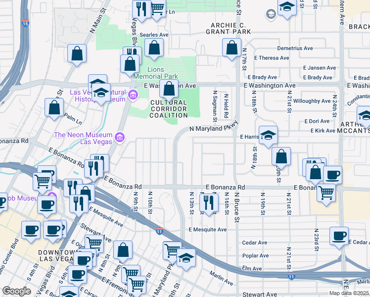 map of restaurants, bars, coffee shops, grocery stores, and more near 701 North 13th Street in Las Vegas