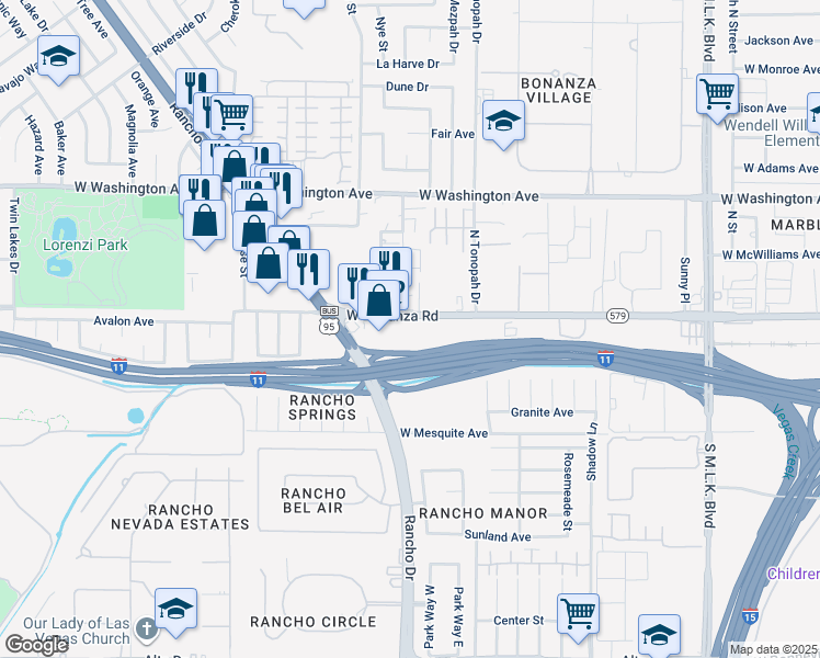 map of restaurants, bars, coffee shops, grocery stores, and more near 2301 West Bonanza Road in Las Vegas