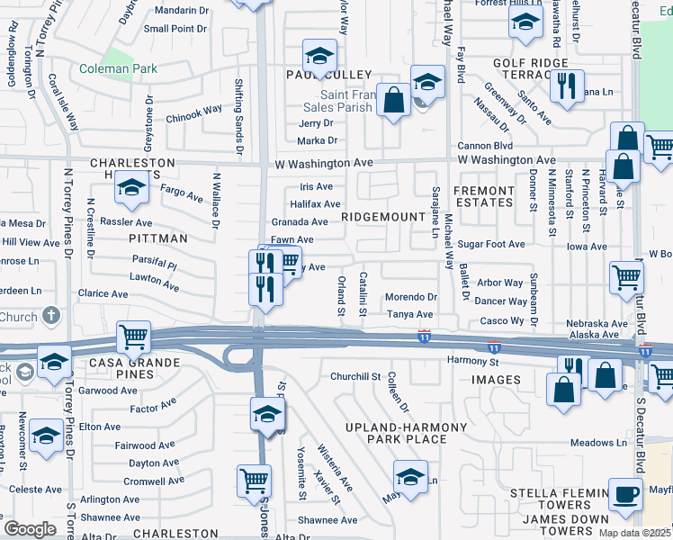 map of restaurants, bars, coffee shops, grocery stores, and more near 5812 Bromley Avenue in Las Vegas
