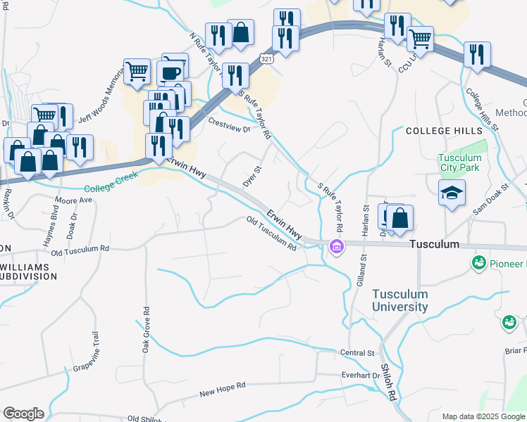map of restaurants, bars, coffee shops, grocery stores, and more near Liberty Way in Greeneville