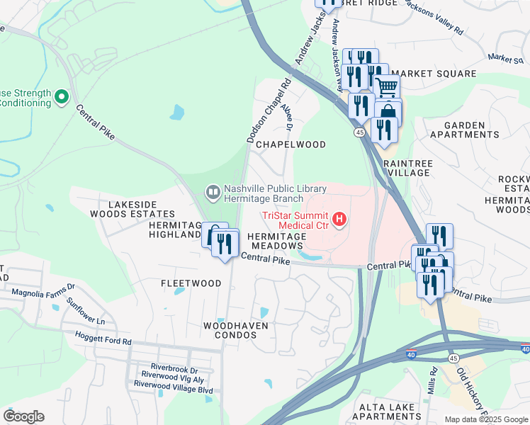 map of restaurants, bars, coffee shops, grocery stores, and more near 145 Thistle Lane in Nashville