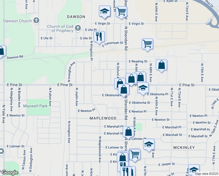 map of restaurants, bars, coffee shops, grocery stores, and more near 6302 East Pine Street in Tulsa