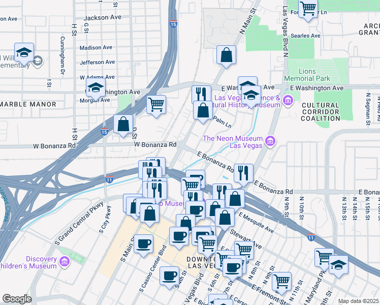 map of restaurants, bars, coffee shops, grocery stores, and more near 10 East Bonanza Road in Las Vegas