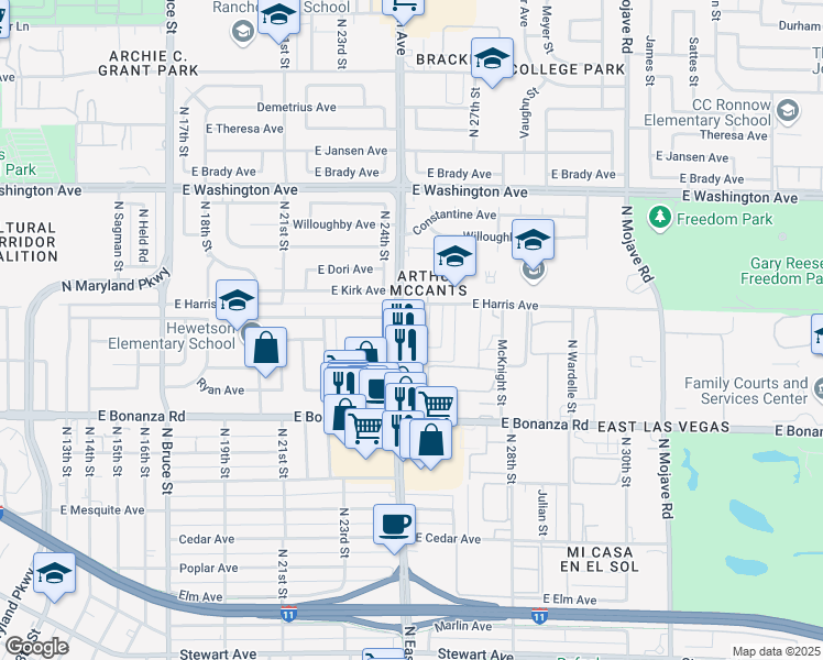 map of restaurants, bars, coffee shops, grocery stores, and more near 730 North Eastern Avenue in Las Vegas