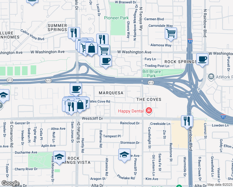 map of restaurants, bars, coffee shops, grocery stores, and more near 7200 West Pirates Cove Road in Las Vegas