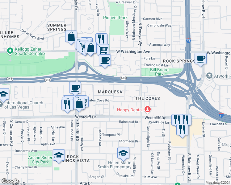 map of restaurants, bars, coffee shops, grocery stores, and more near 7200 West Pirates Cove Road in Las Vegas