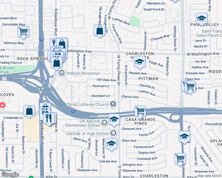 map of restaurants, bars, coffee shops, grocery stores, and more near 308 Duke Circle in Las Vegas