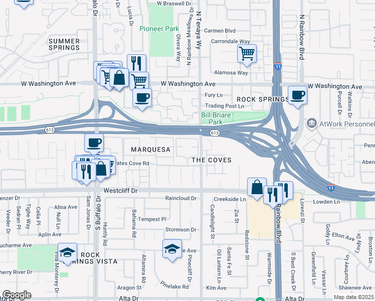 map of restaurants, bars, coffee shops, grocery stores, and more near 7100 West Pirates Cove Road in Las Vegas