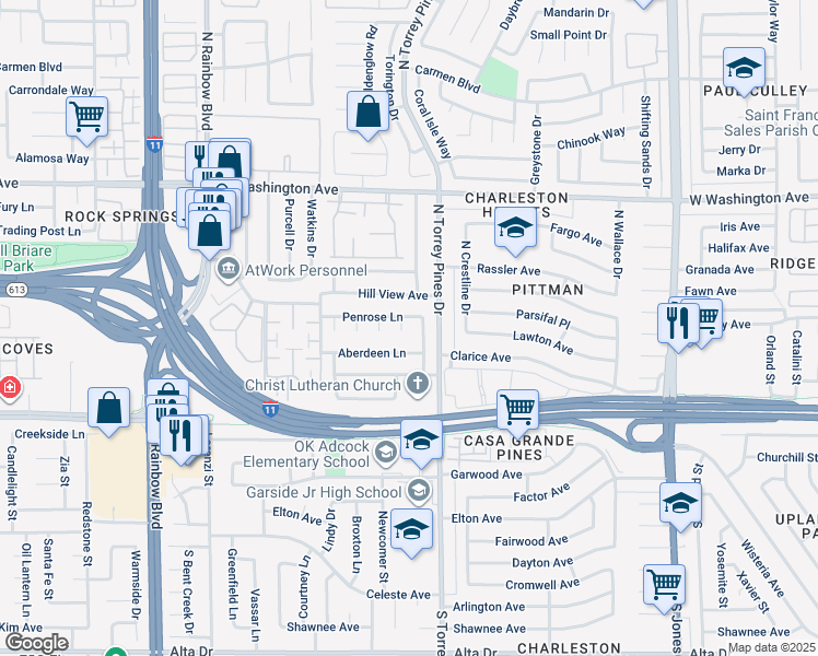 map of restaurants, bars, coffee shops, grocery stores, and more near 308 Duke Circle in Las Vegas