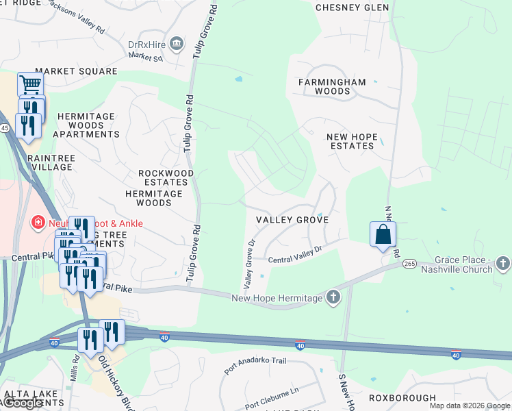 map of restaurants, bars, coffee shops, grocery stores, and more near 4124 Woodway Lane in Nashville
