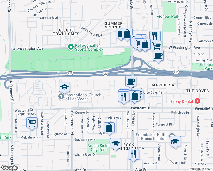map of restaurants, bars, coffee shops, grocery stores, and more near 313 Beethoven Street in Las Vegas