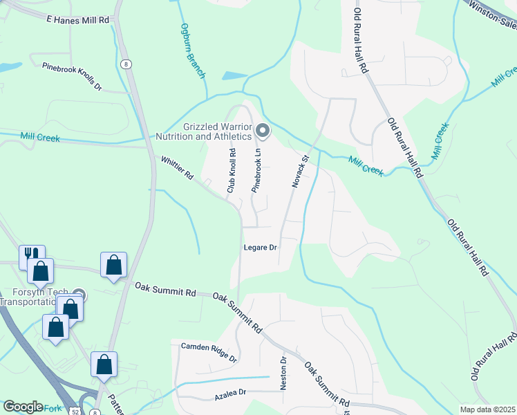 map of restaurants, bars, coffee shops, grocery stores, and more near 5507 Pinebrook Lane in Winston-Salem